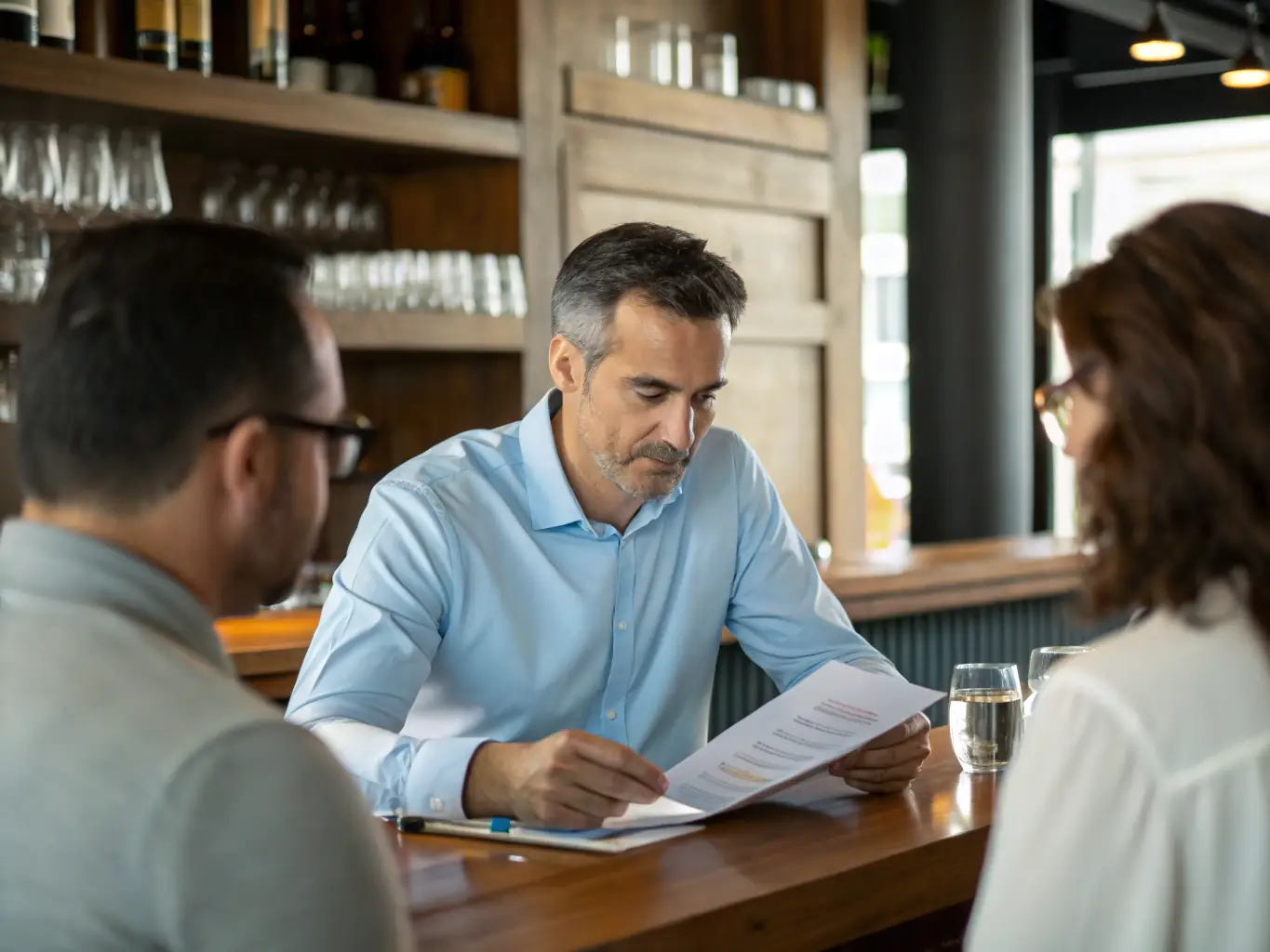 An image of a bar manager reviewing financial reports with a team, symbolizing profit analysis.