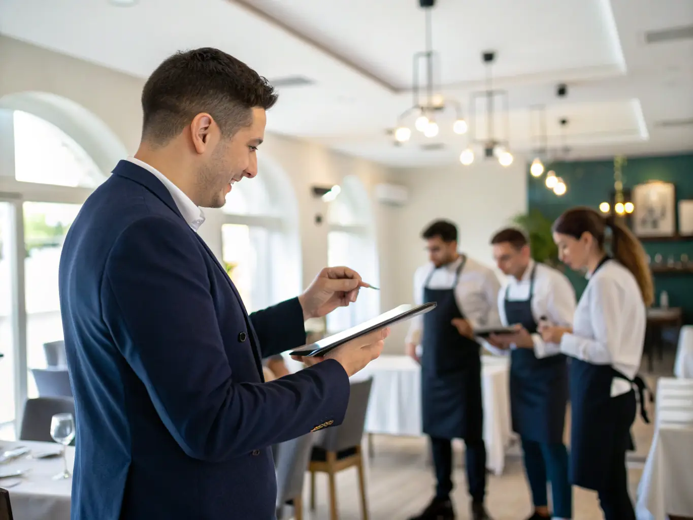 A hospitality coach conducting a training session with restaurant staff, demonstrating hands-on guidance and support.