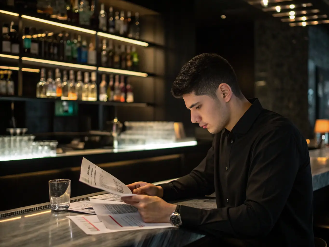 An image of a bar manager reviewing financial reports with a team, symbolizing profit analysis, in a modern bar setting.