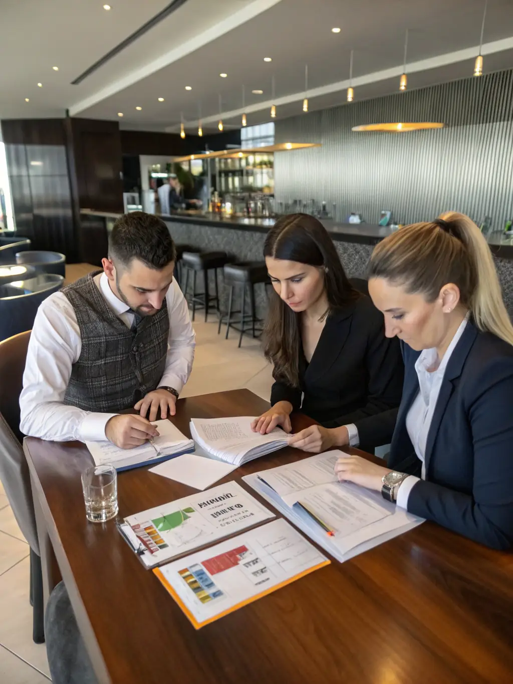 A bar manager reviewing financial reports with a team, symbolizing profit analysis for JCJ Consultings' profitability optimization service.