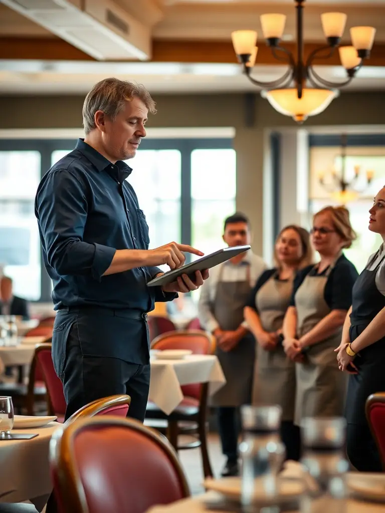 A coach working with restaurant staff, demonstrating JCJ Consultings' coaching and training services.
