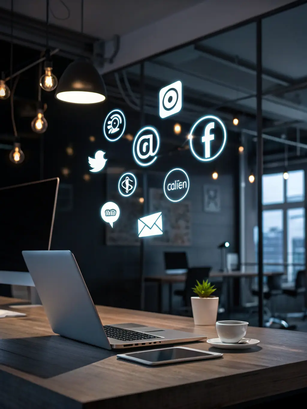 A digital marketing campaign displayed on a laptop screen with social media icons, illustrating JCJ Consultings' marketing strategies.