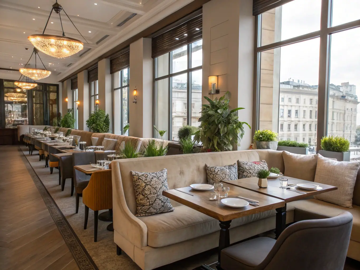 A modern restaurant interior with optimized layout and lighting, showcasing an inviting and efficient space.