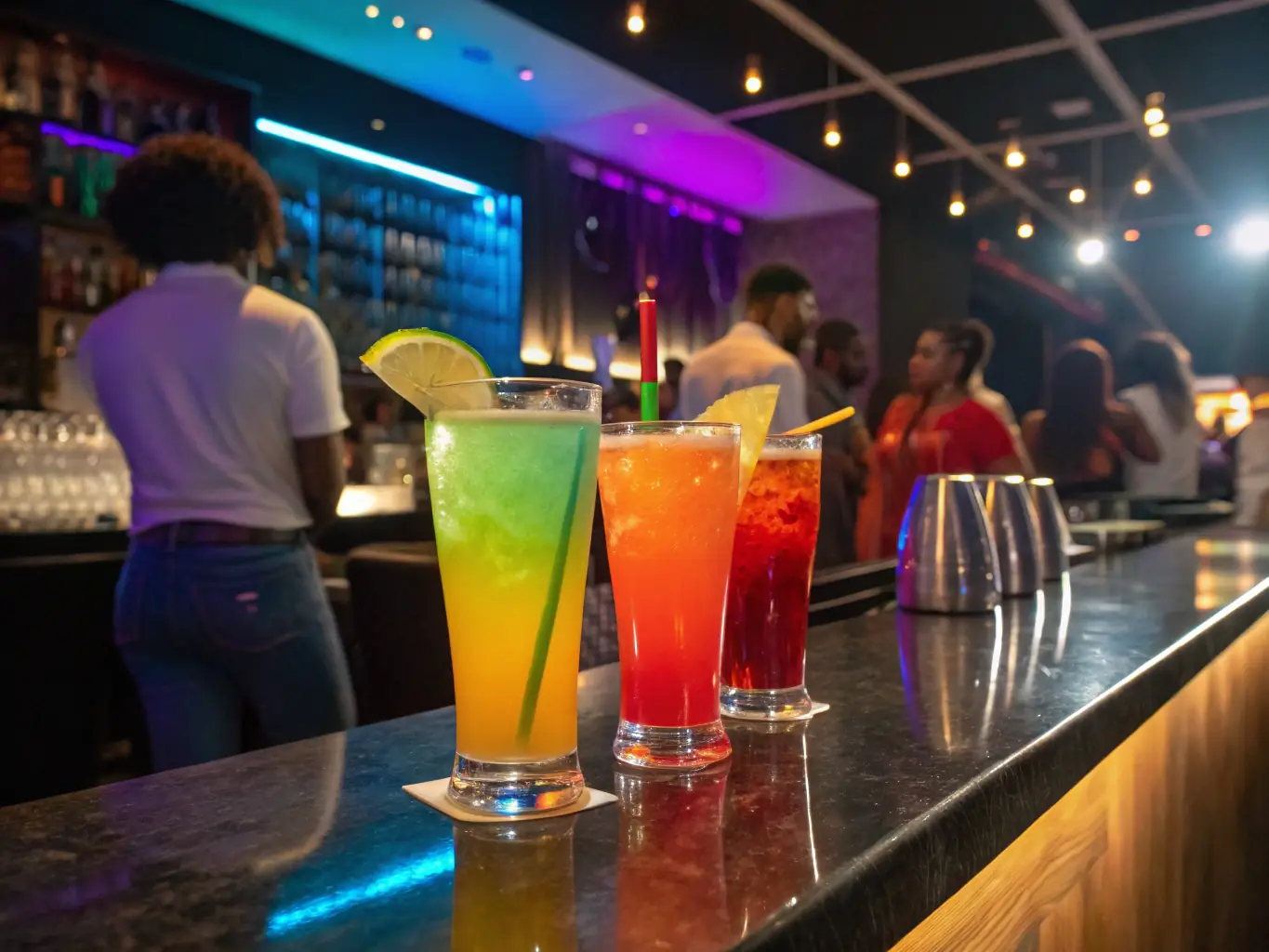 A brightly lit, modern bar with bartenders crafting cocktails, symbolizing profitability optimization in a vibrant setting.